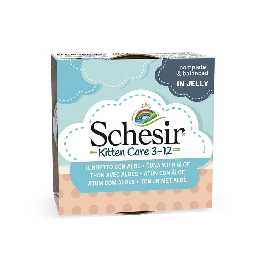 Atum enlatado Schesir Kitten com aloe vera, 85 g, para gatinhos.