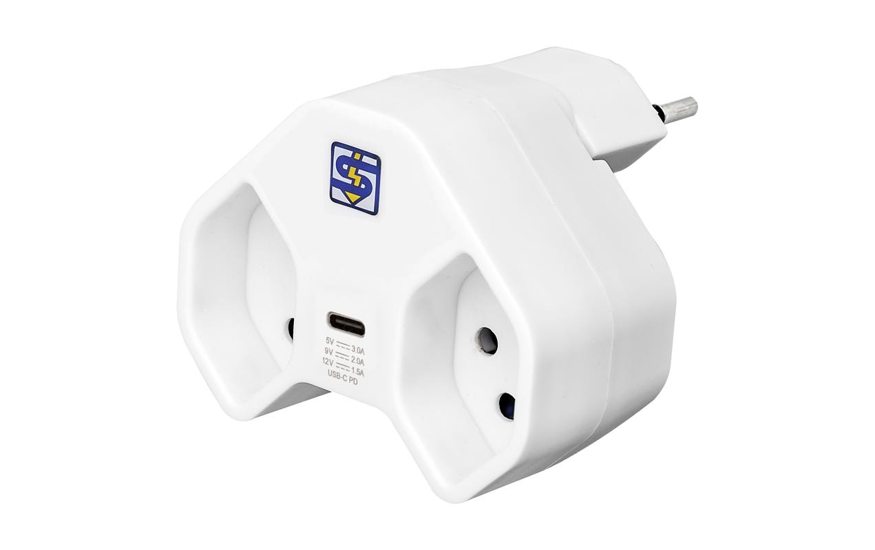 Abzweigstecker 2 x T13 USB-C, Weiss, drehbar 320°Mehrfachadapter MANTA 2xT13 + 1xUSB-C PD drehbar 320° ws