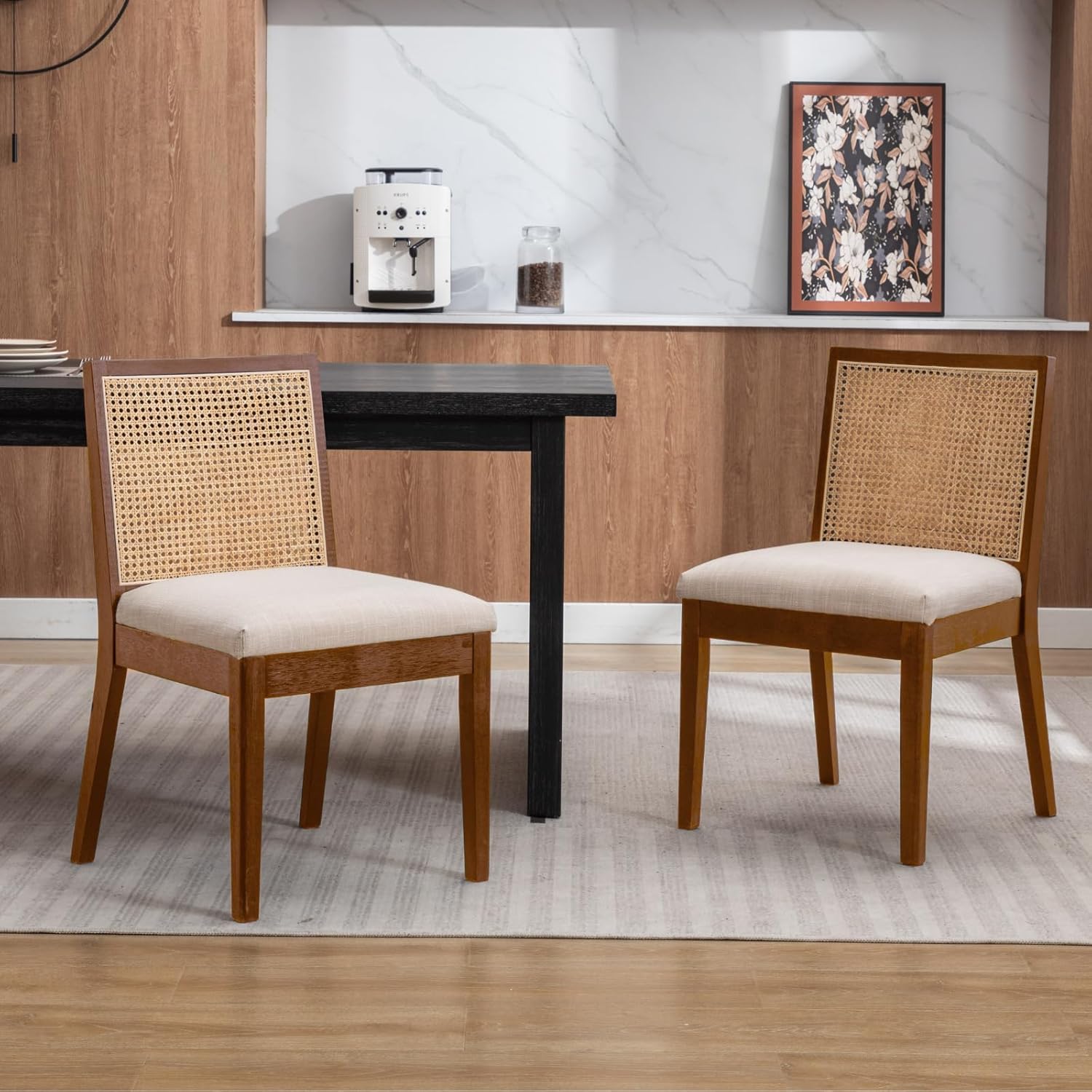 chairus 2er Set Esszimmerstühle Leinen Küchenstühle mit Rattan Rückenlehne Vintage Akzentstühle aus Holz für Esszimmer Küche Wohnzimmer (Braun-2)