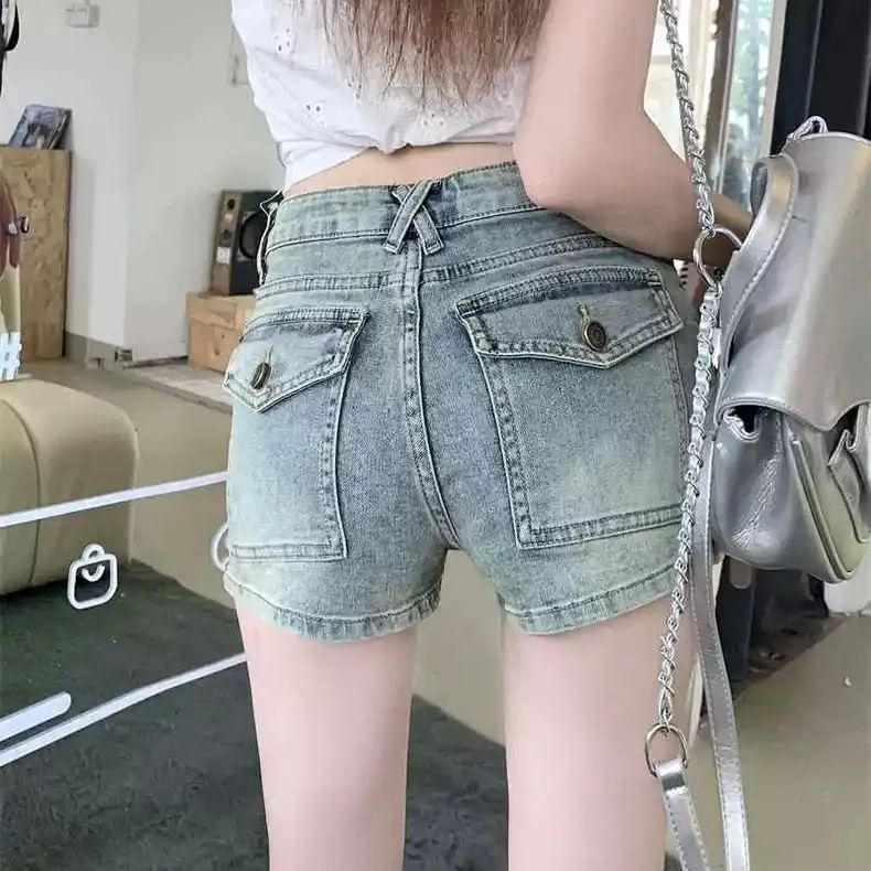 INEN - Mid Rise Washed Zip Denim Shorts