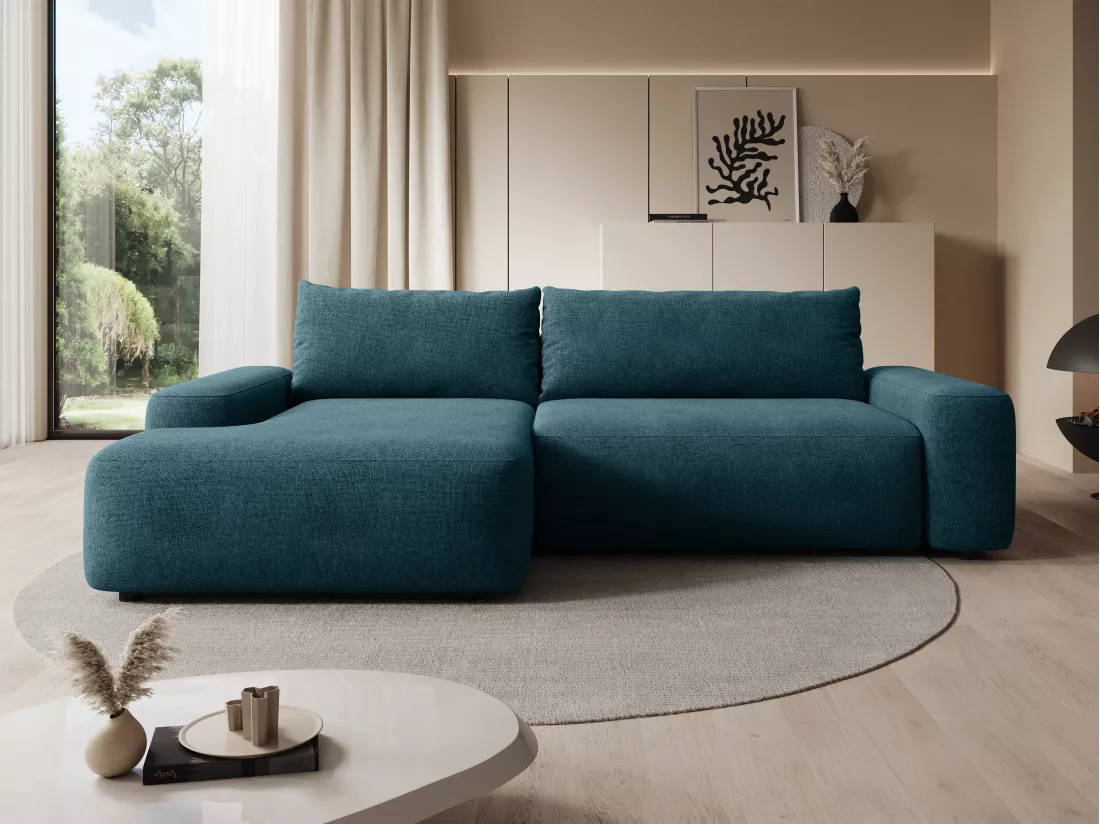 Canapé d'angle gauche convertible en tissu texturé bleu DAVISO