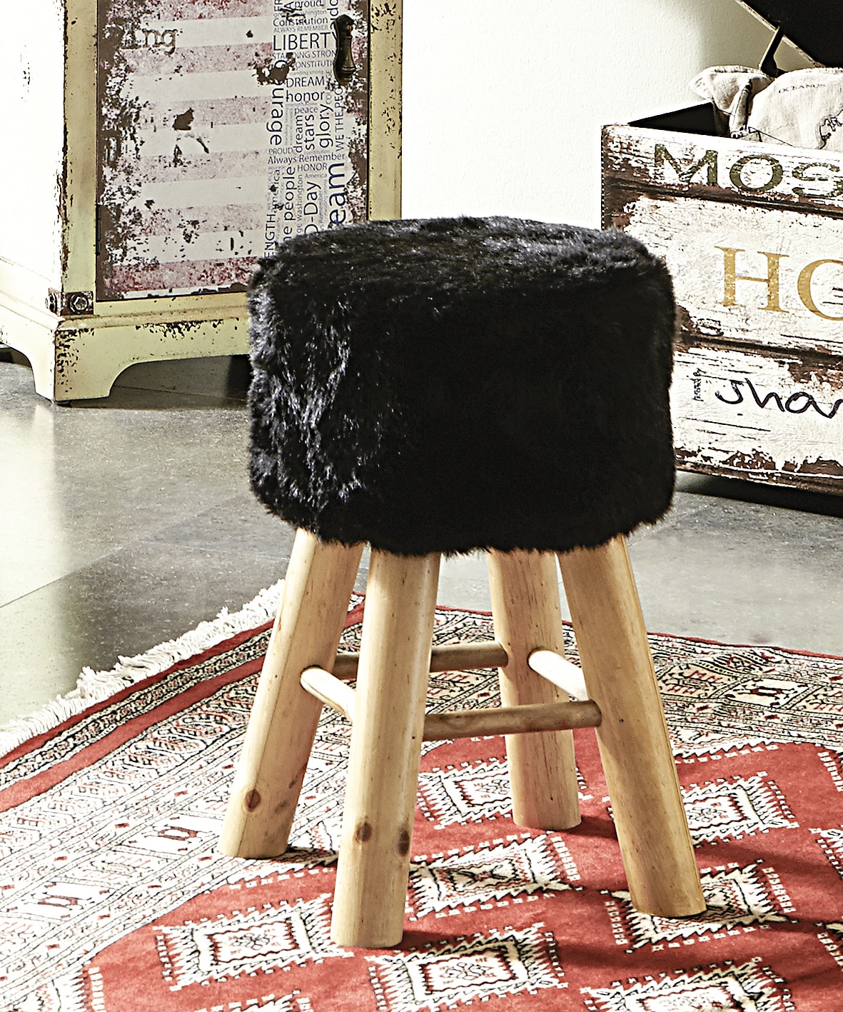 Hocker Ted 2 Fell Schwarz/Vintage-Optik-Massivholz 30x45x30 cm