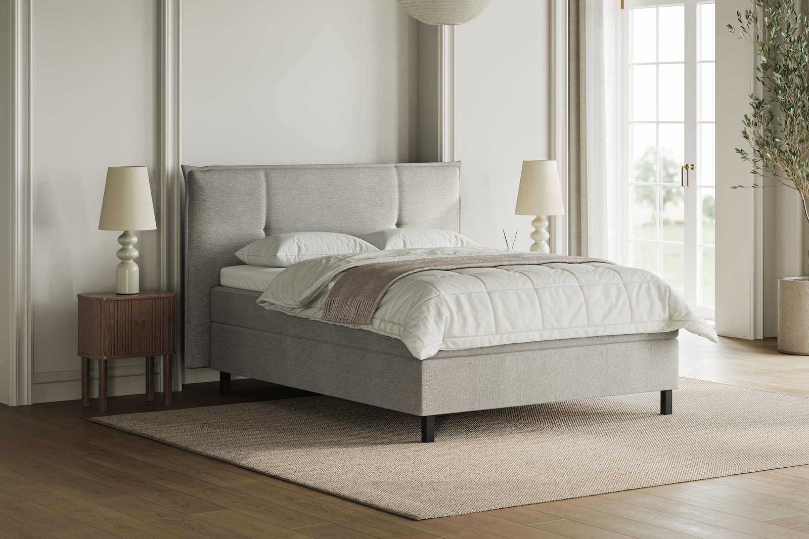 XOV Premium 15 Kontinentalseng 160x200 cm i tekstil Terranova 08 krem, fast/fast med Premium 15 overmadrass og sort firkantede ben, gavl selges separate
