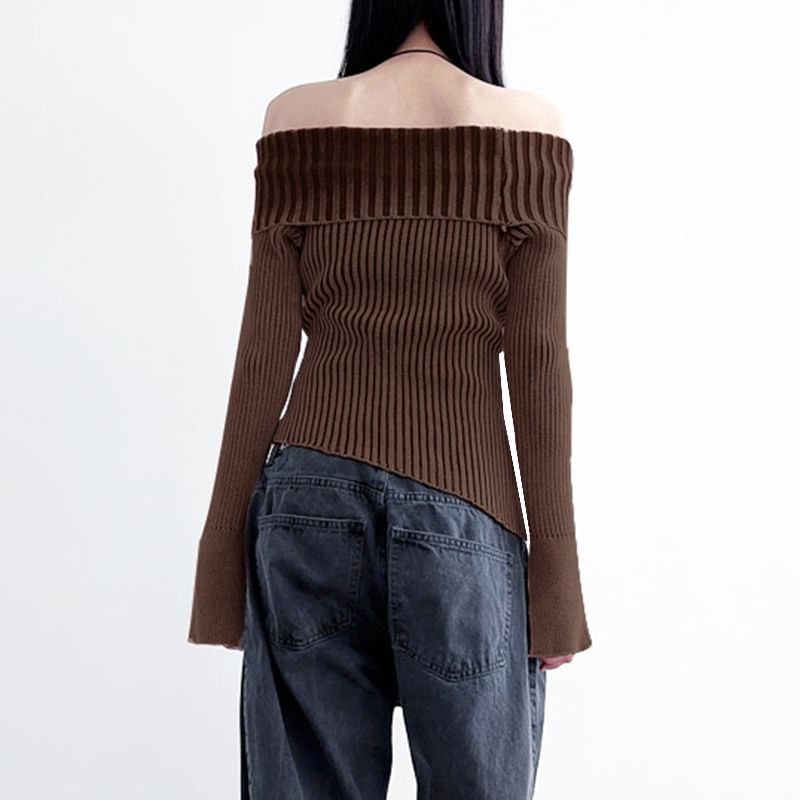 Honet - Off-shoulder geribbelde, slim-fit gebreide top met klokmouwen