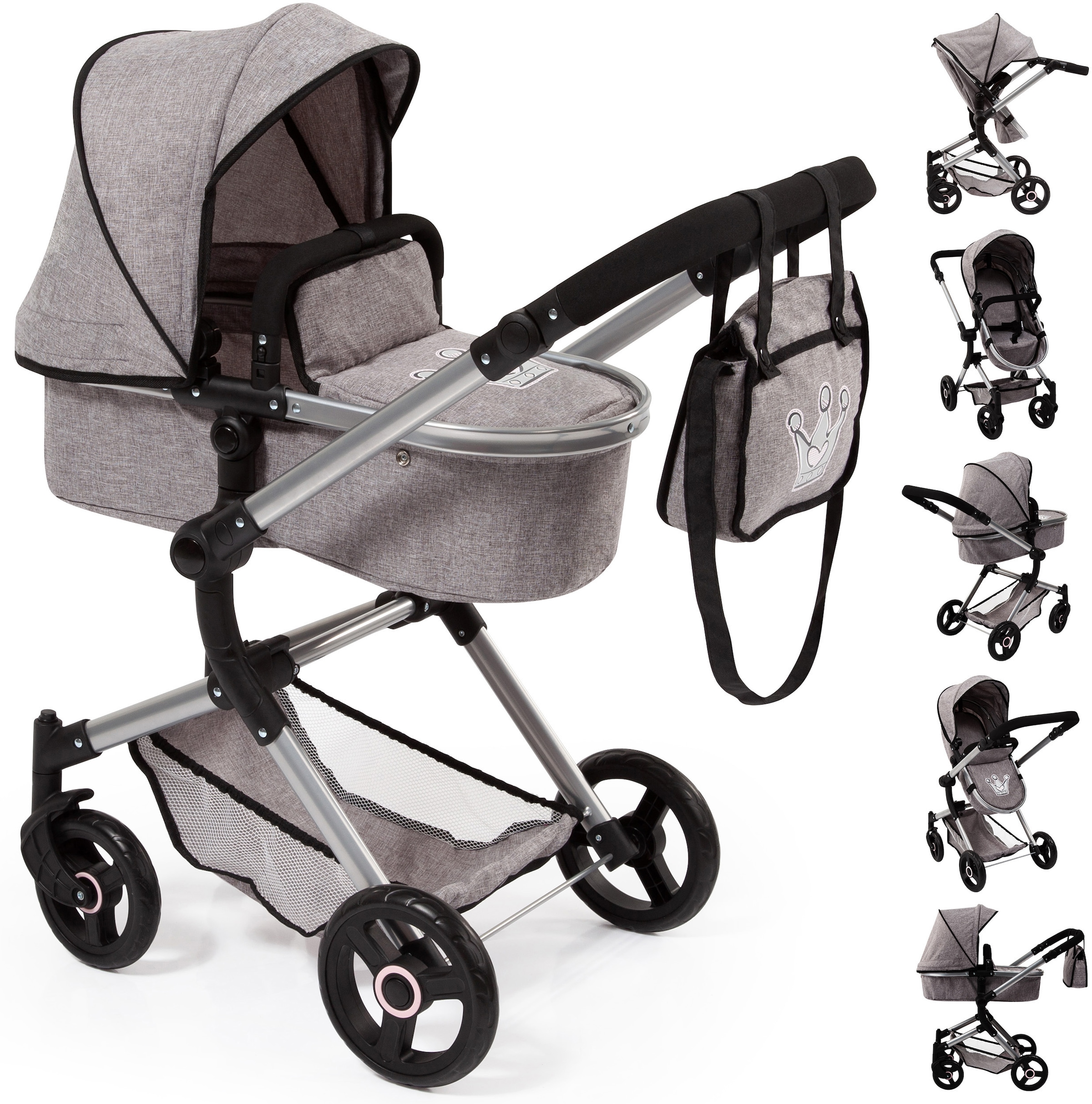 Bayer Kombi-Puppenwagen »Vario, Grau« inkl. Wickeltasche