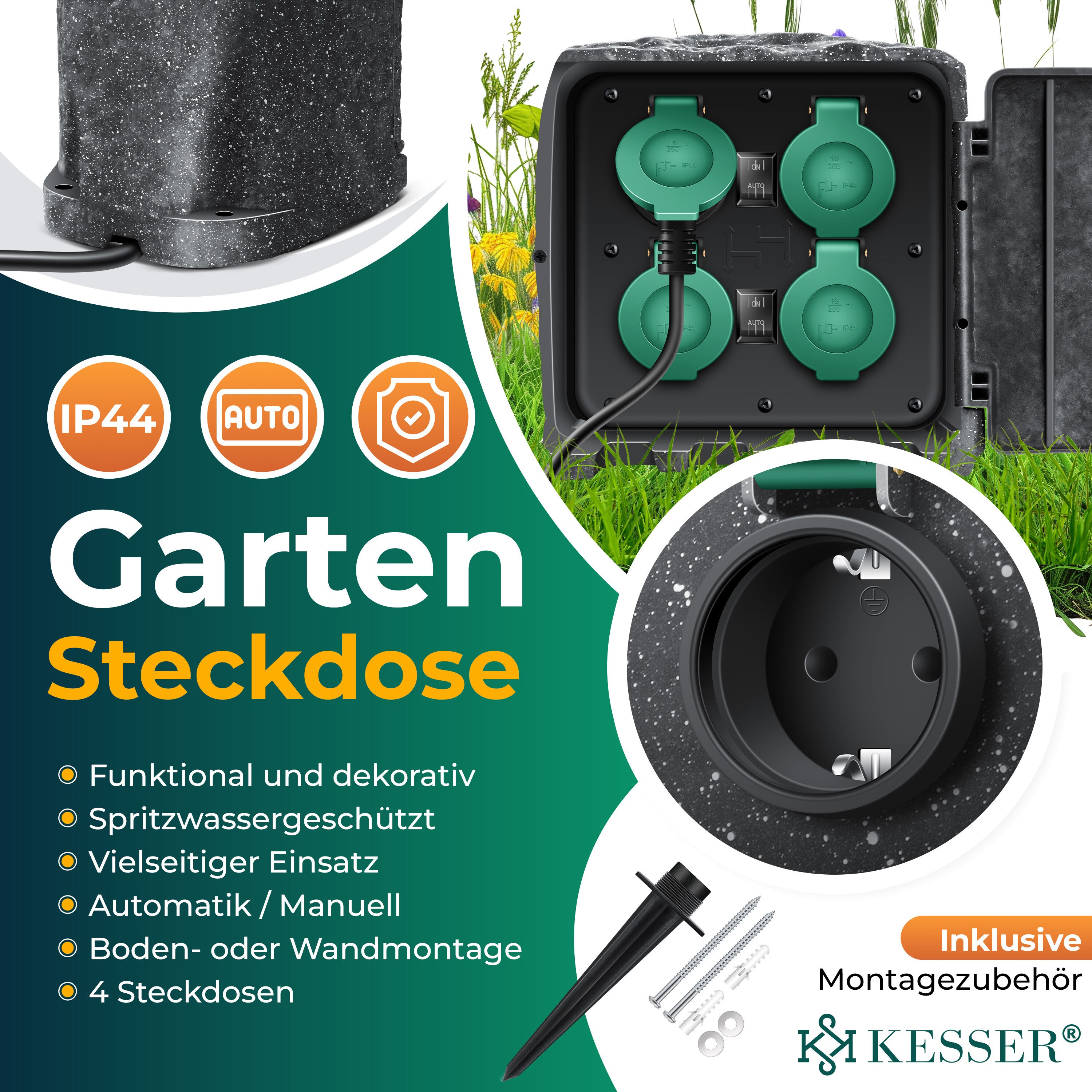 KESSER® Gartensteckdose Steinoptik mit 4 Steckplätzen Inkl.Erdspieß, Mehrfachsteckdosen aussen mit 3m Verlängerungskabel Außensteckdose IP44 Wasserdicht Steinsteckdose mit ON/Auto Dämmerungssensor