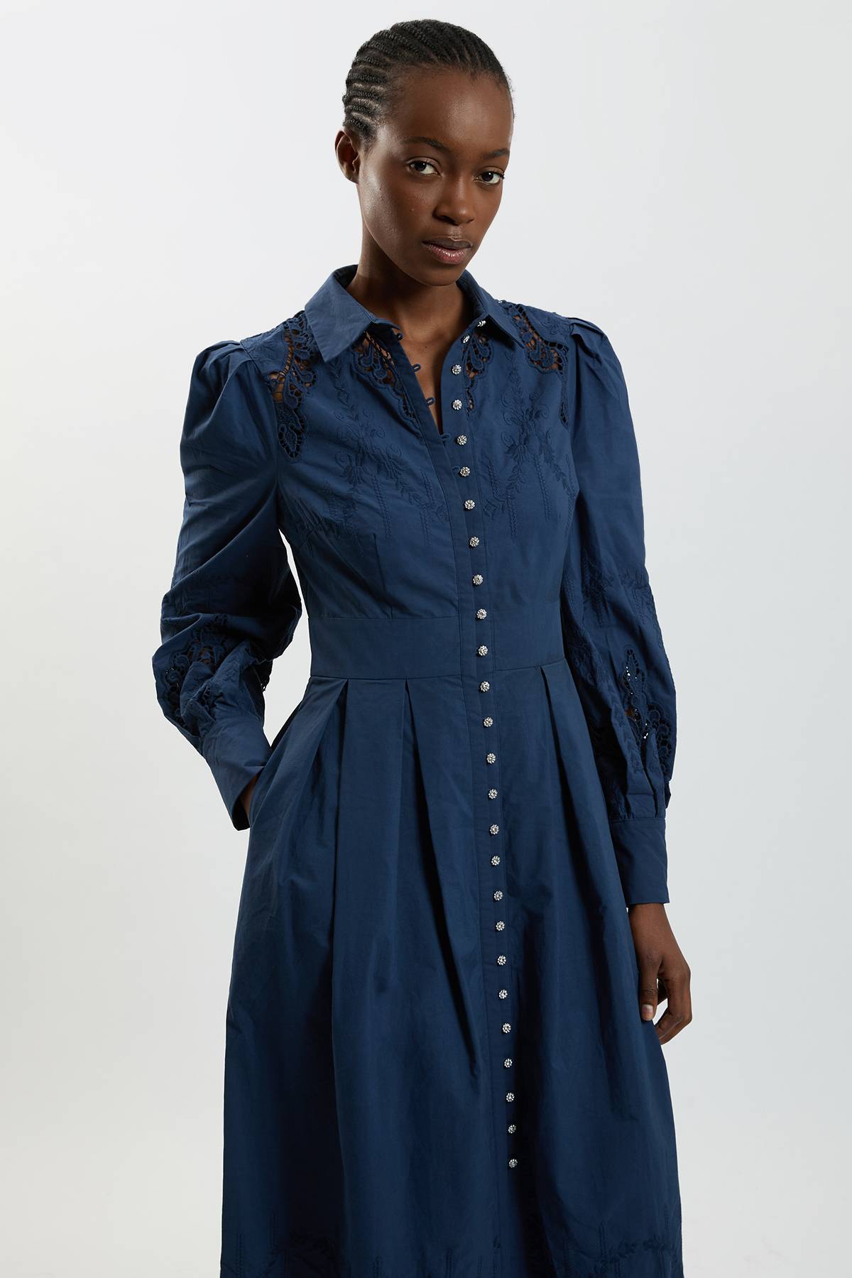 KarenMillen Robe Midi En Coton Tissé À Broderie Anglaise Et Manches Ballon