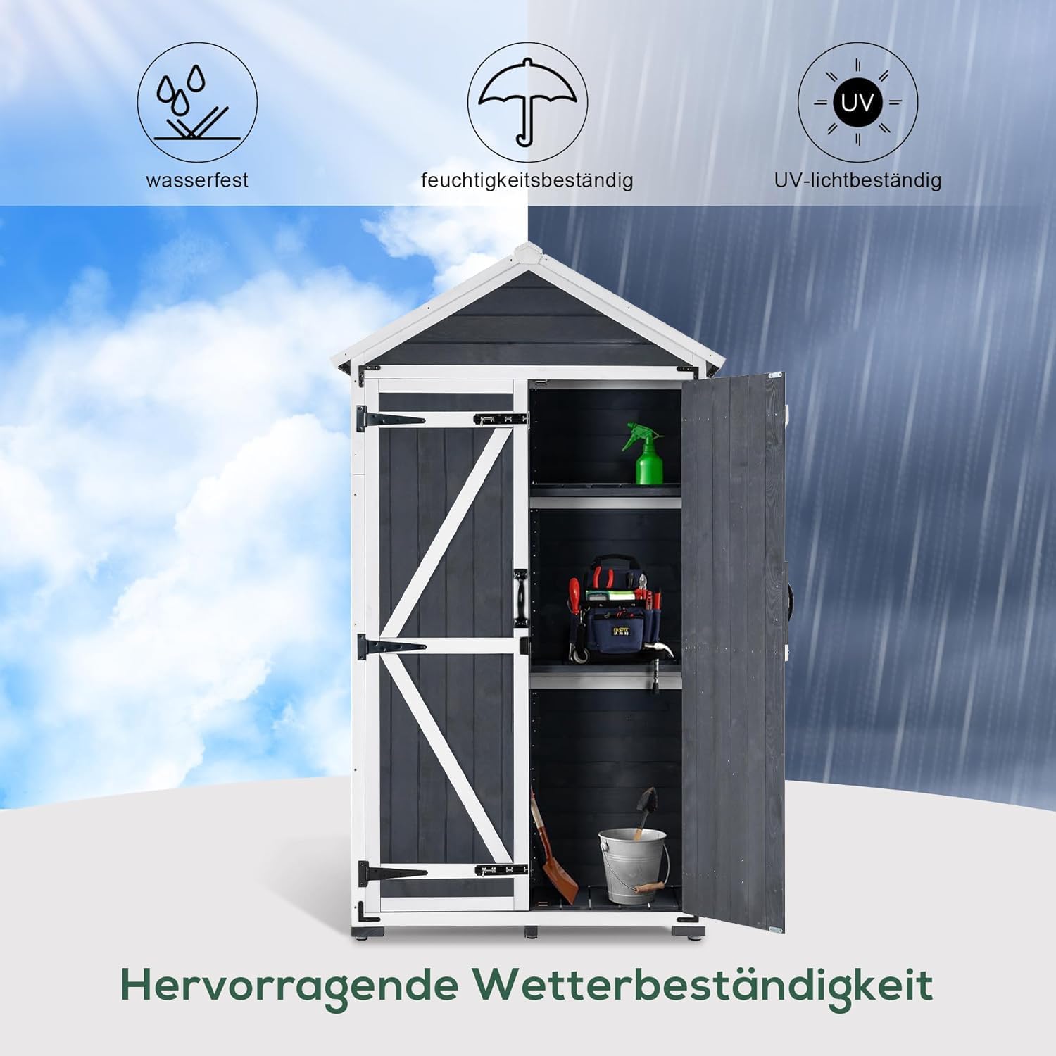 MCombo Gartenschrank Geräteschuppen Werkzeugschrank Outdoor-Schrank Gartenbox mit Satteldach aus Holz Grau/Natur 1000EY, 48 X 90 X 178 cm (Grau)