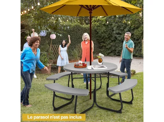 Ensemble Table de Pique-Nique avec 4 Bancs Intégrés, Ensemble de Jardin Table de Pique-Nique Circulaire 135KG Trou pour Parasol, pour Jardin Piscine, 190 x 76 cm,Gris