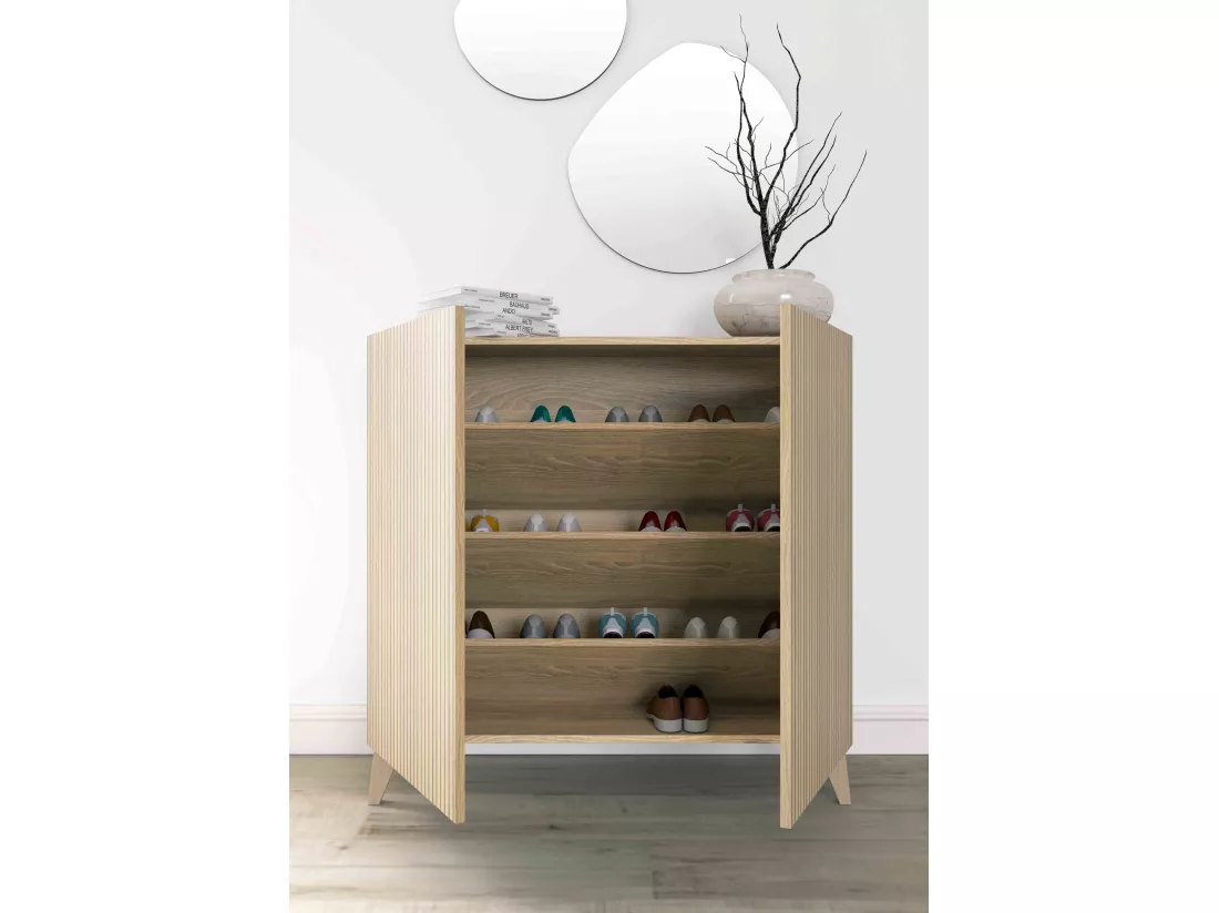 Meuble à chaussures/rangement - H87cm x L90cm x P27cm chêne portes impression lattes - Sunne
