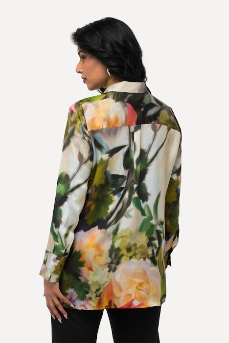 Seidenbluse, Blüten, Hemdkragen, Langarm