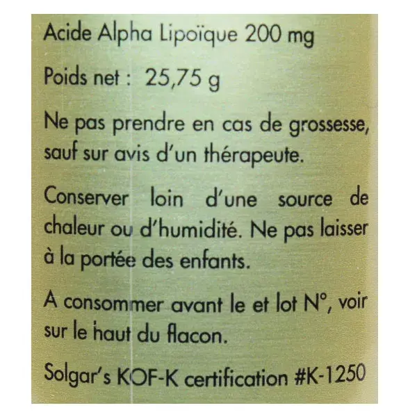 Ácido Alfa Lipóico Solgar 200mg 50 Cápsulas Vegetais