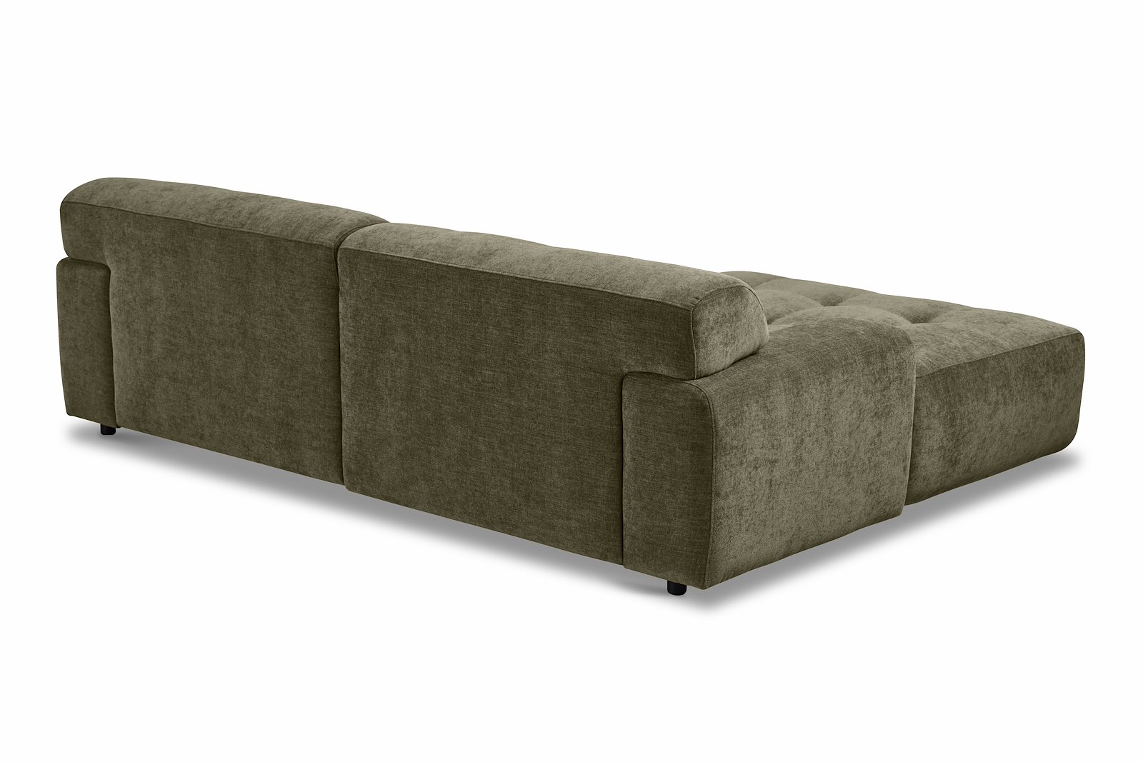 Bob sofa 1,5-seter med sjeselong høyre. Tekstil City 34 Dark Moss Green med sorte ben.