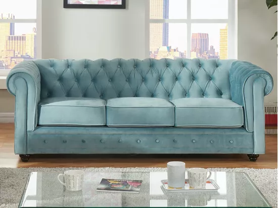 Canapé 3 places CHESTERFIELD - Velours bleu pastel
