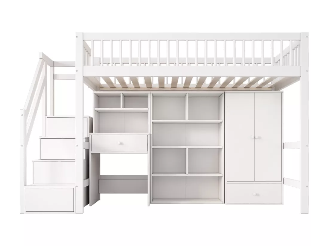 Lit mezzanine multifonctionnel en bois et MDF - 90x200 cm - avec escalier de rangement, bureau et armoire - Blanc(sans matelas)