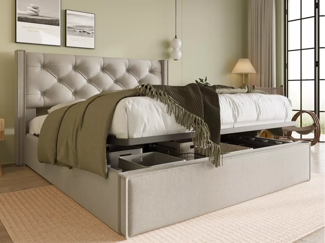 Lit coffre capitonné 140x200cm en tissu coton - avec sommier à lattes - Gris Clair