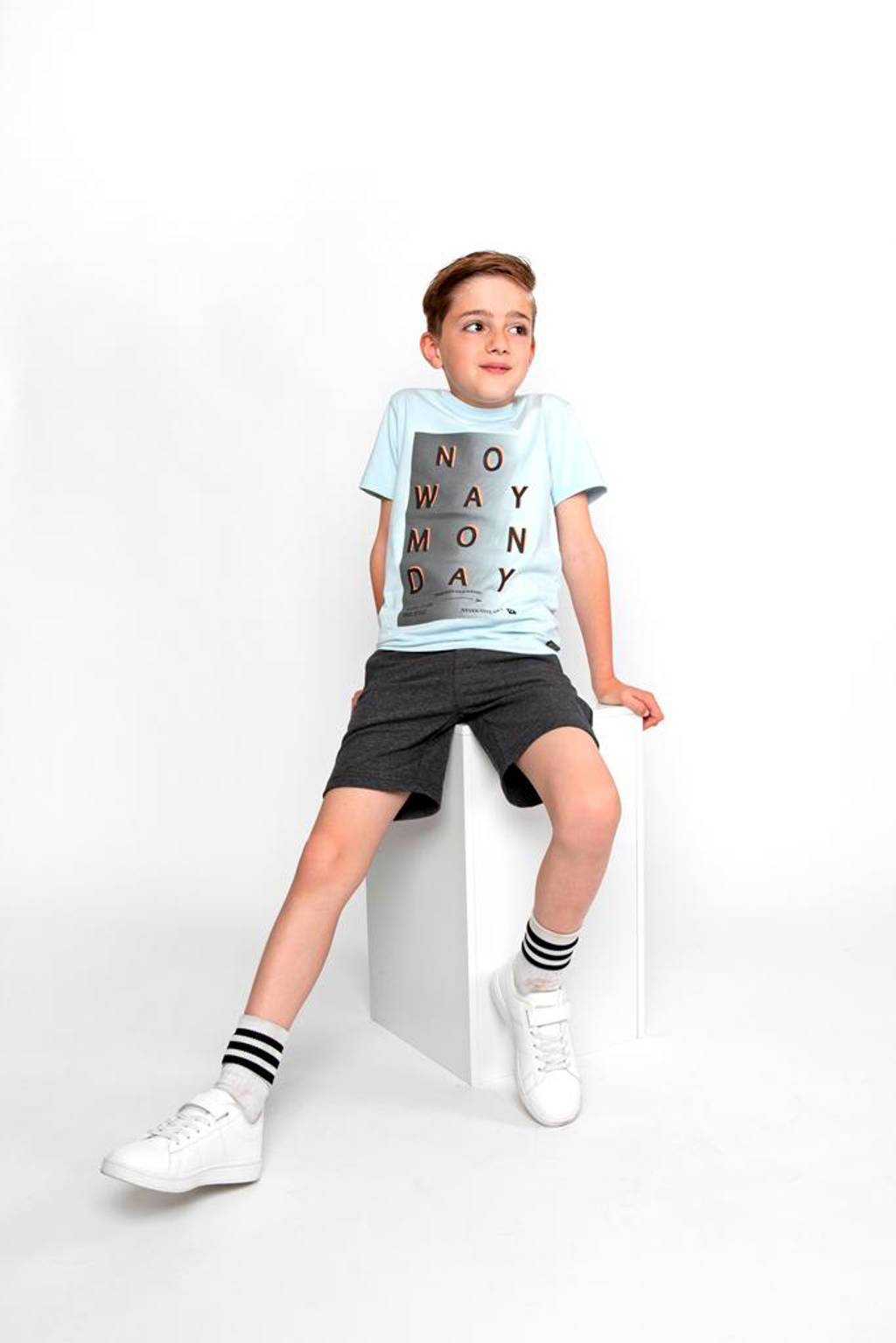 No Way Monday T-shirt met printopdruk lichtblauw