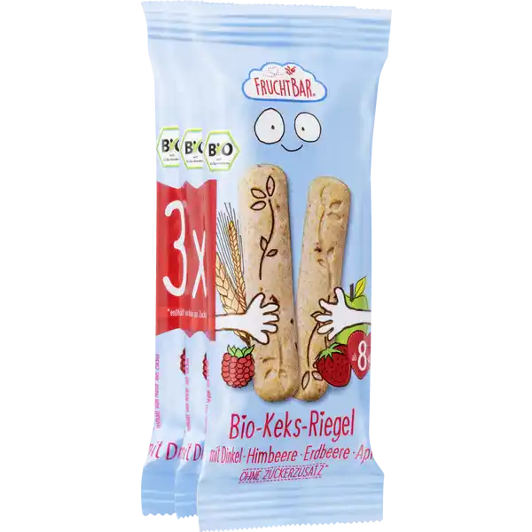 Bio Keks-Riegel mit Dinkel, Himbeere, Erdbeere, Apfel