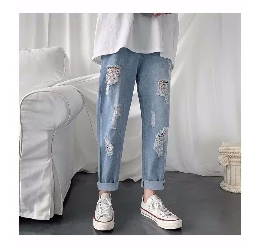 Ateso - Gewassen, versleten jeans met trekkoord in de taille, rechte pijpen