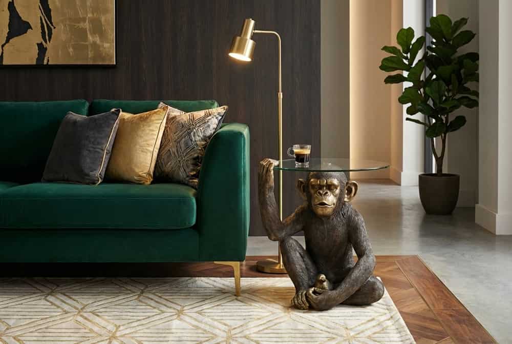 Runder Couchtisch KING APE 65cm schwarz gold Glas Affenfigur handmade