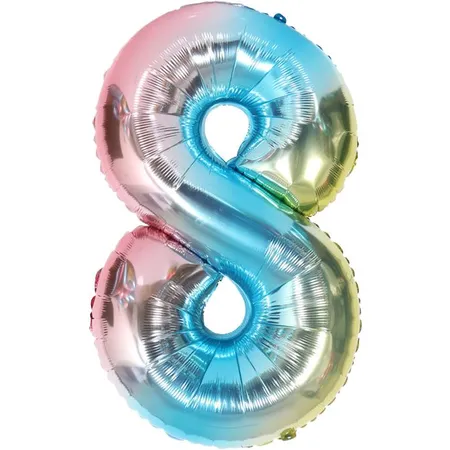 HEKU Folienballon Zahl 8, Regenbogen, mit Aufblashalm, Höhe 80cm