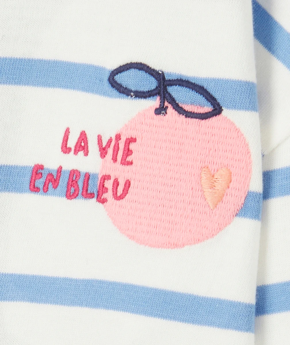 T-SHIRT BÉBÉ FILLE EN COTON BIO IMPRIMÉ À RAYURES BLEUES AVEC MOTIF FRUIT