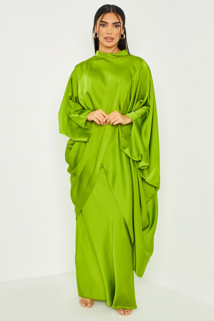 Ensemble 2 pièces tunique + jupe longue satiné vert clair