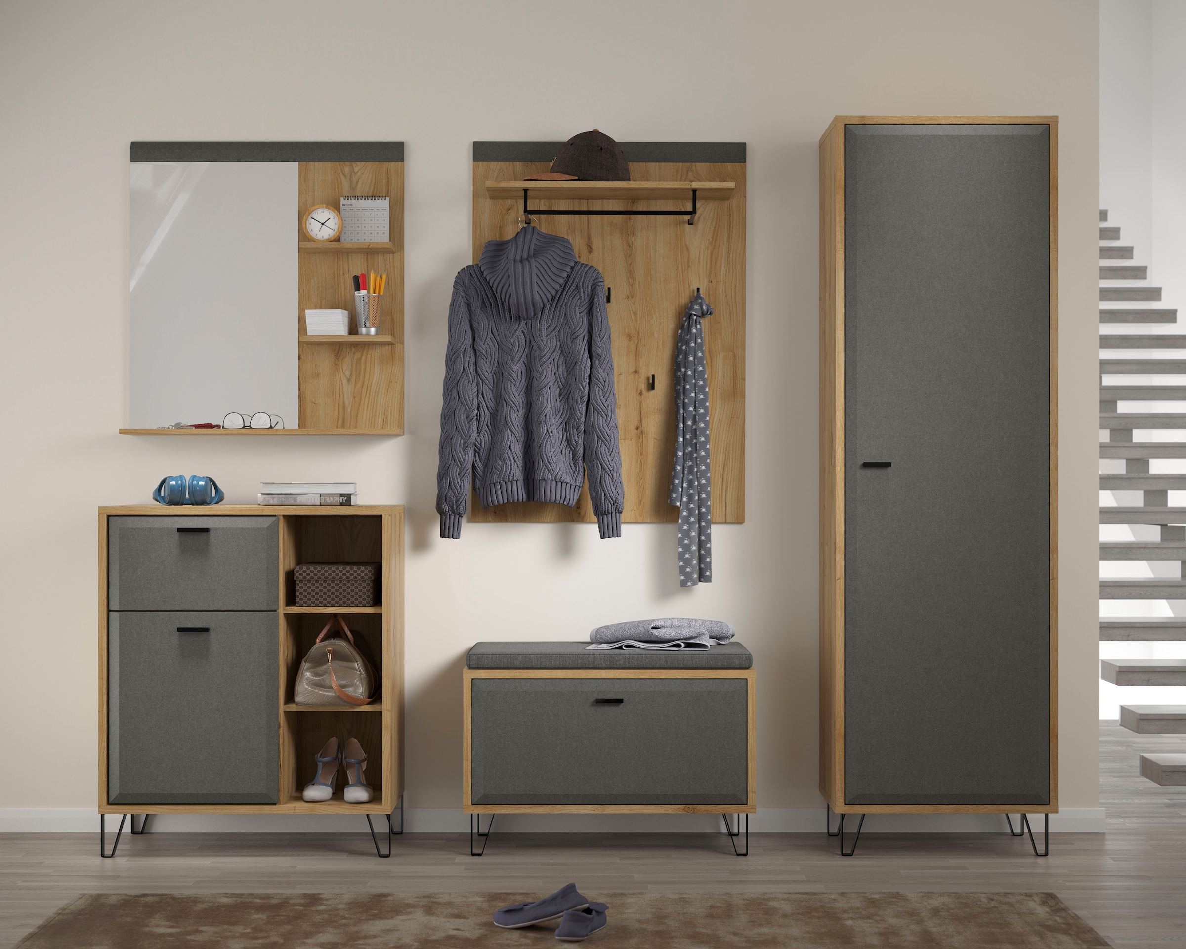 PLACES OF STYLE Garderobenschrank »Belva« 1 Stk. tlg. Flurschrank mit 5 verstellbaren Böden und ausziehbarer Kleiderstange