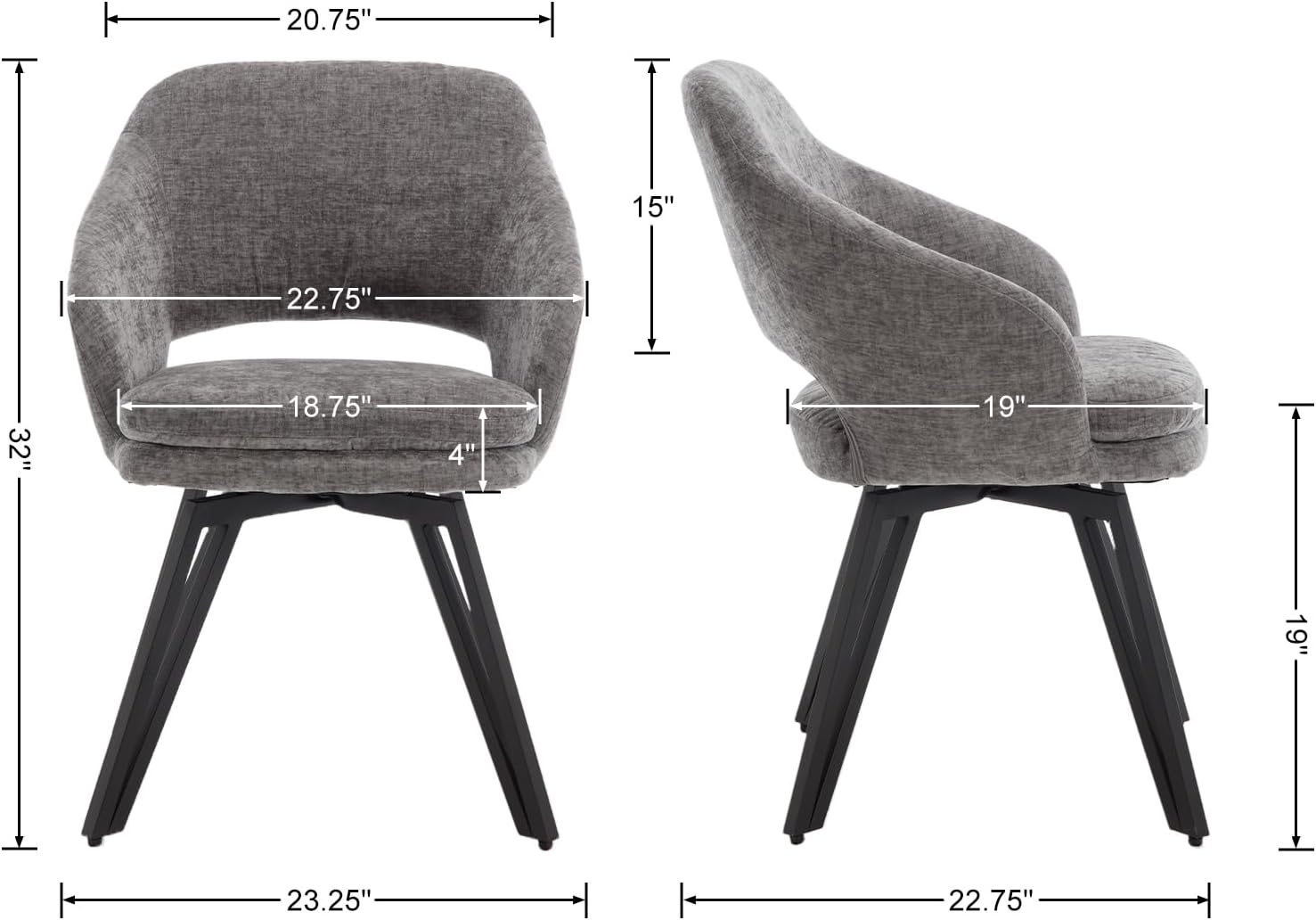 Esszimmerstühle 2er Set Drehstuhl mit Armlehnen Küchenstühle mit Metallgestell, Chenille, Grau