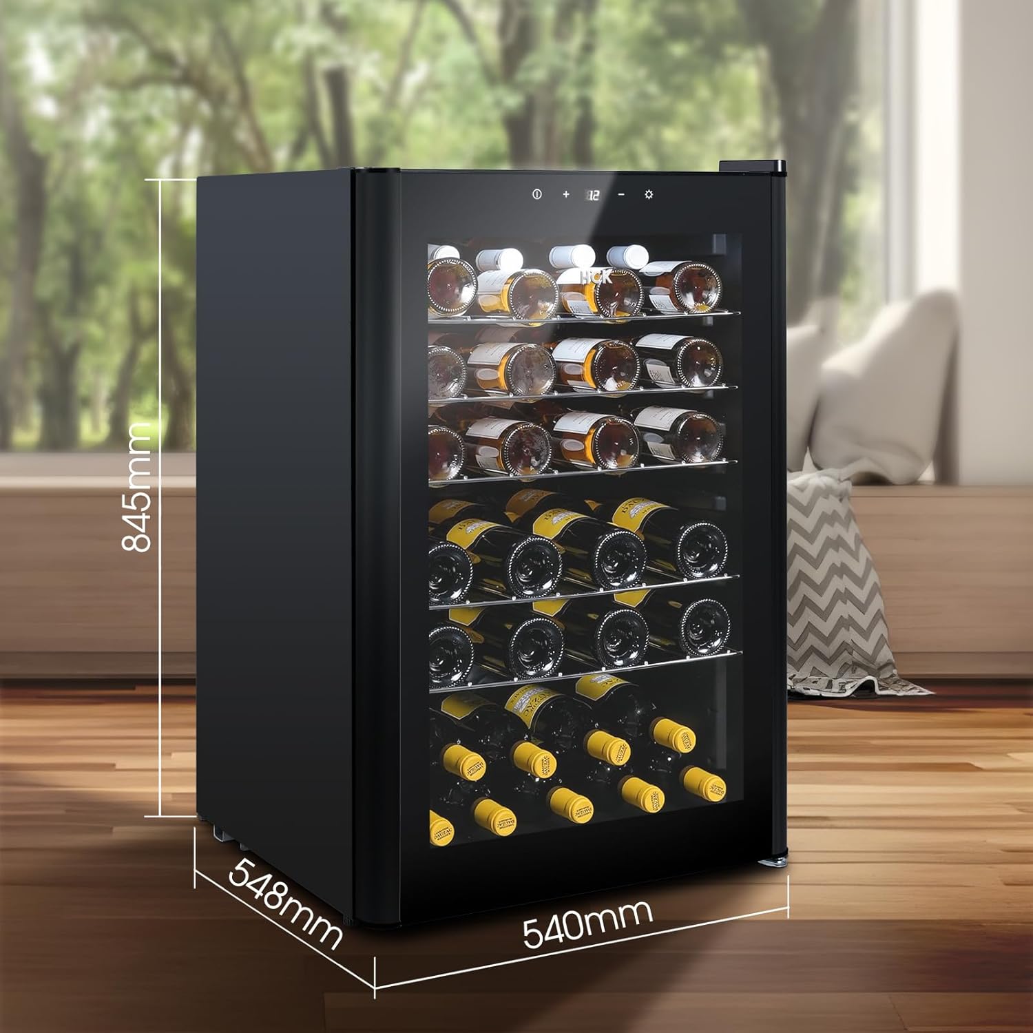 HCK 115 Liter Weinkühlschrank für 48 Flaschen, 4-22°C Weinkühlschränke Flaschenkühlschrank, Getränkekühlschrank mit Glastür, Geräuscharmer Weinschrank, Frostfreie Glastür, Vollglas-Touchpanel, Schwarz
