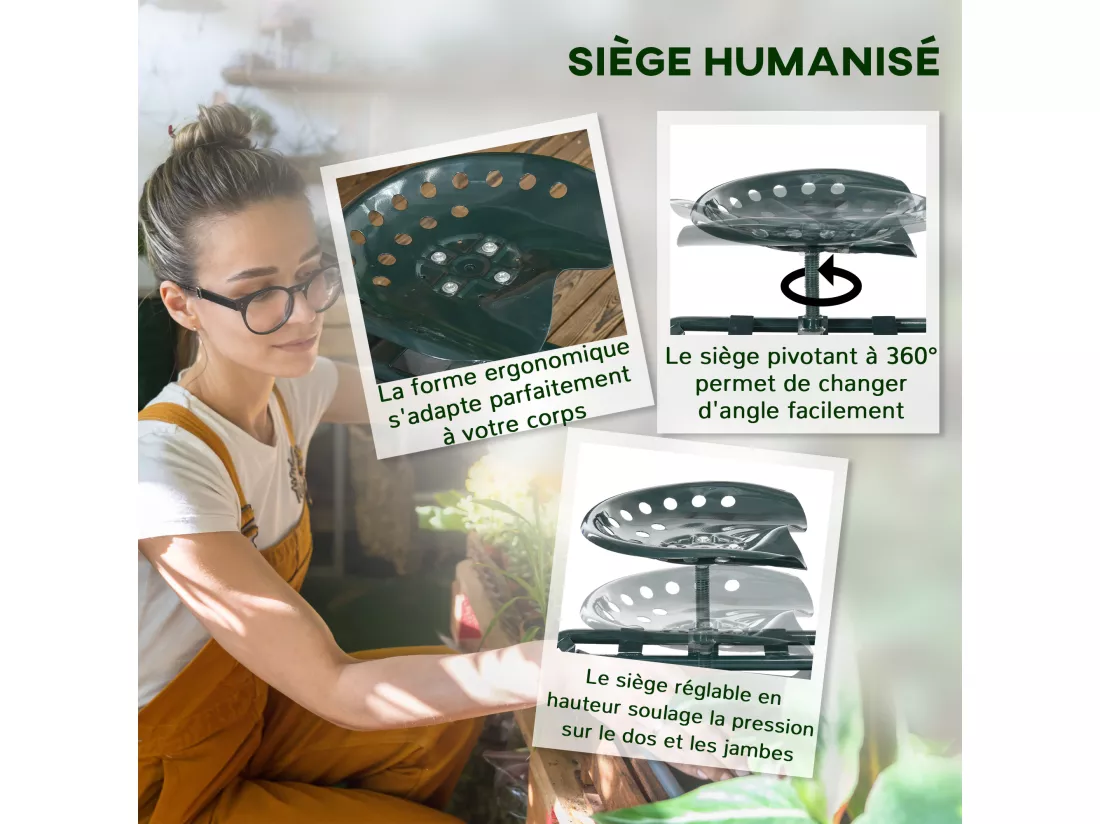 2 en 1 tabouret pivotant réglable chariot mobile de jardin charge max. 150 Kg rangement acier vert
