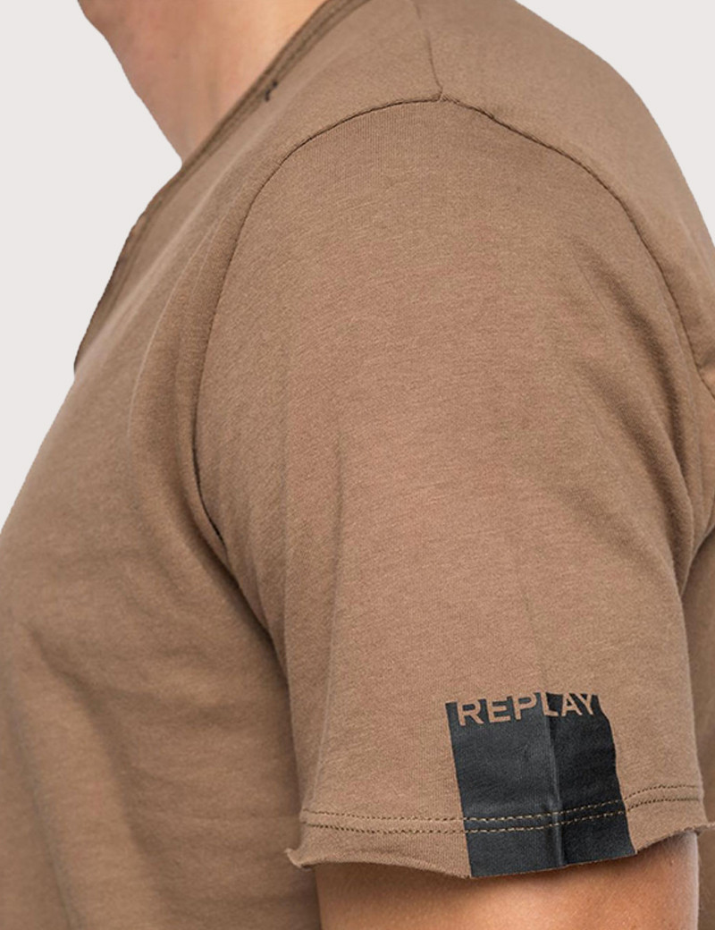 REPLAY T-SHIRT COL V COTON CIGAR