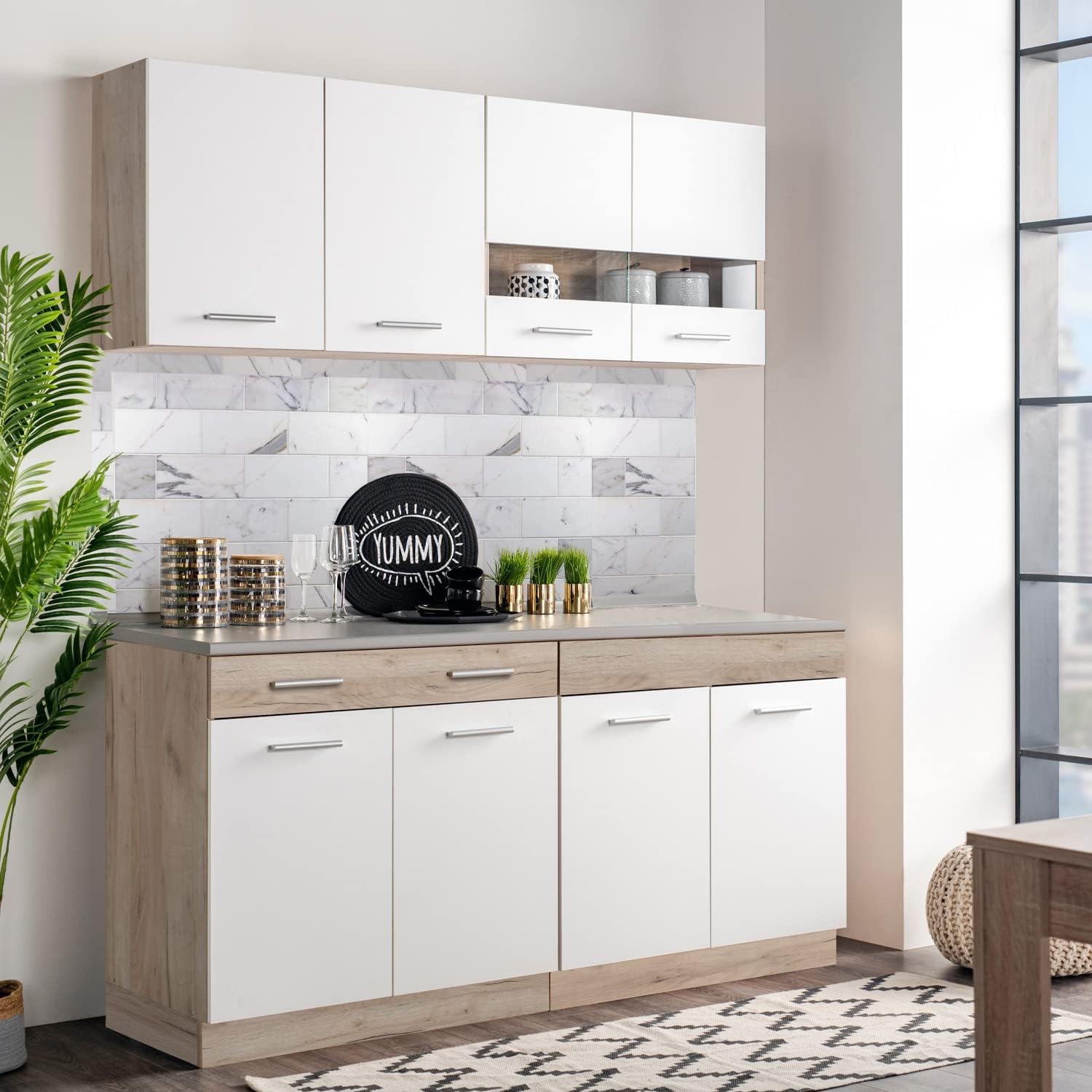 Homestyle4u 2354, Küchenschrank mit Arbeitsplatte, Küchenzeile ohne Elektrogeräte, Eiche Holz Weiß 160 cm
