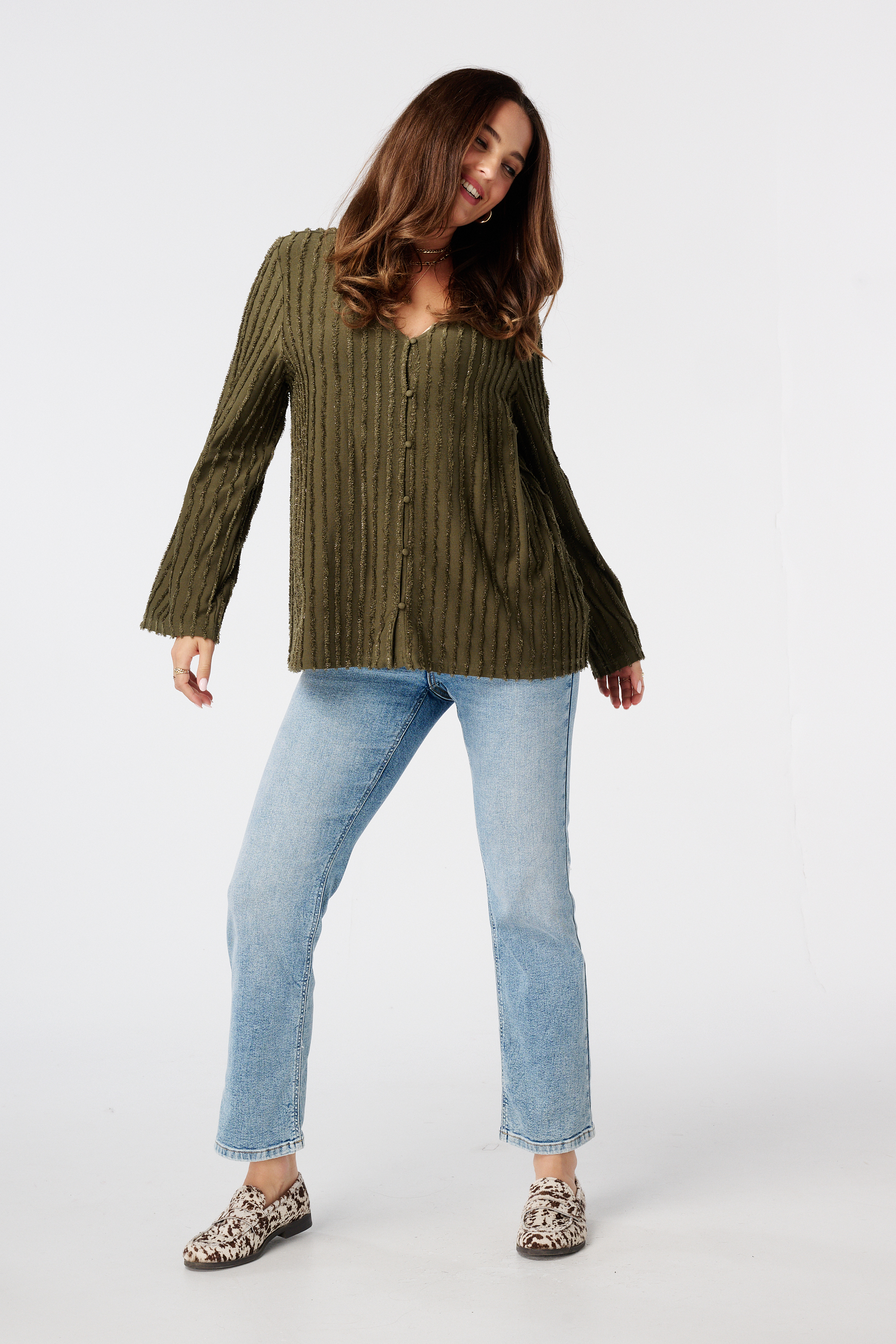 Top met franje structuur Khaki