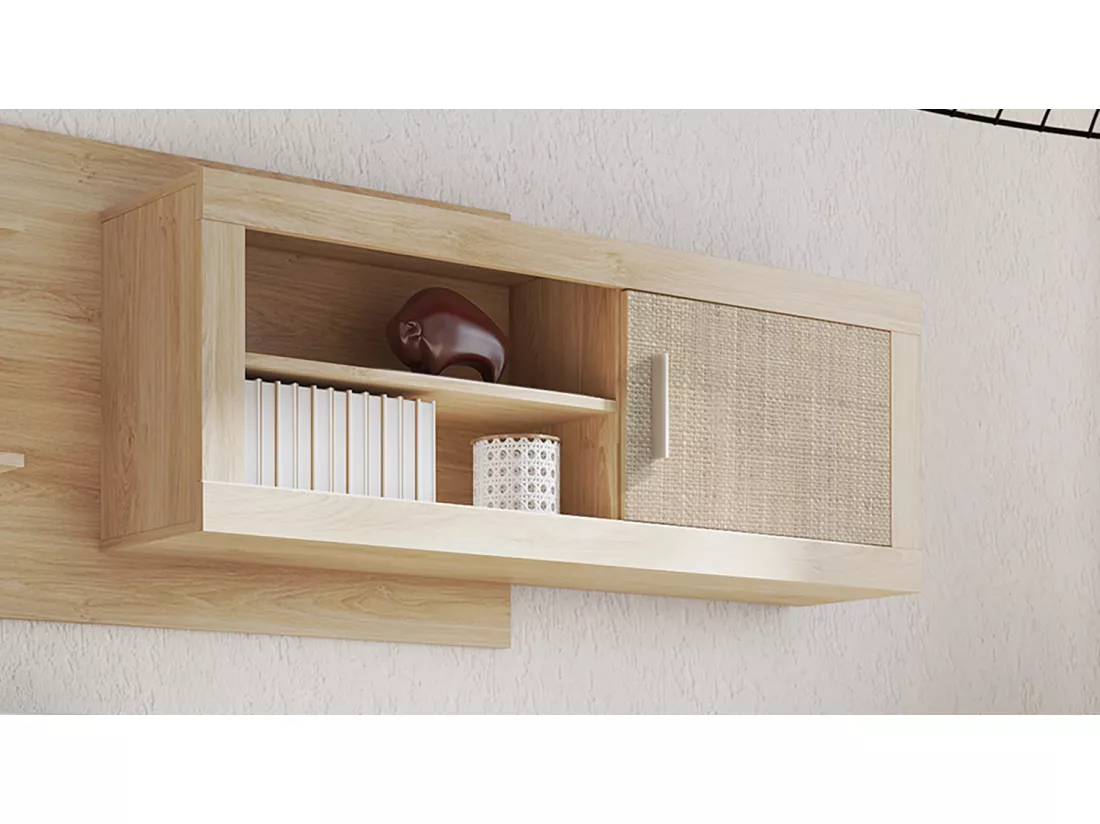 Meuble haut 1 porte coloris chêne cambrian, effet textile - Longueur 130 x profondeur 26,30 x hauteur 46 cm