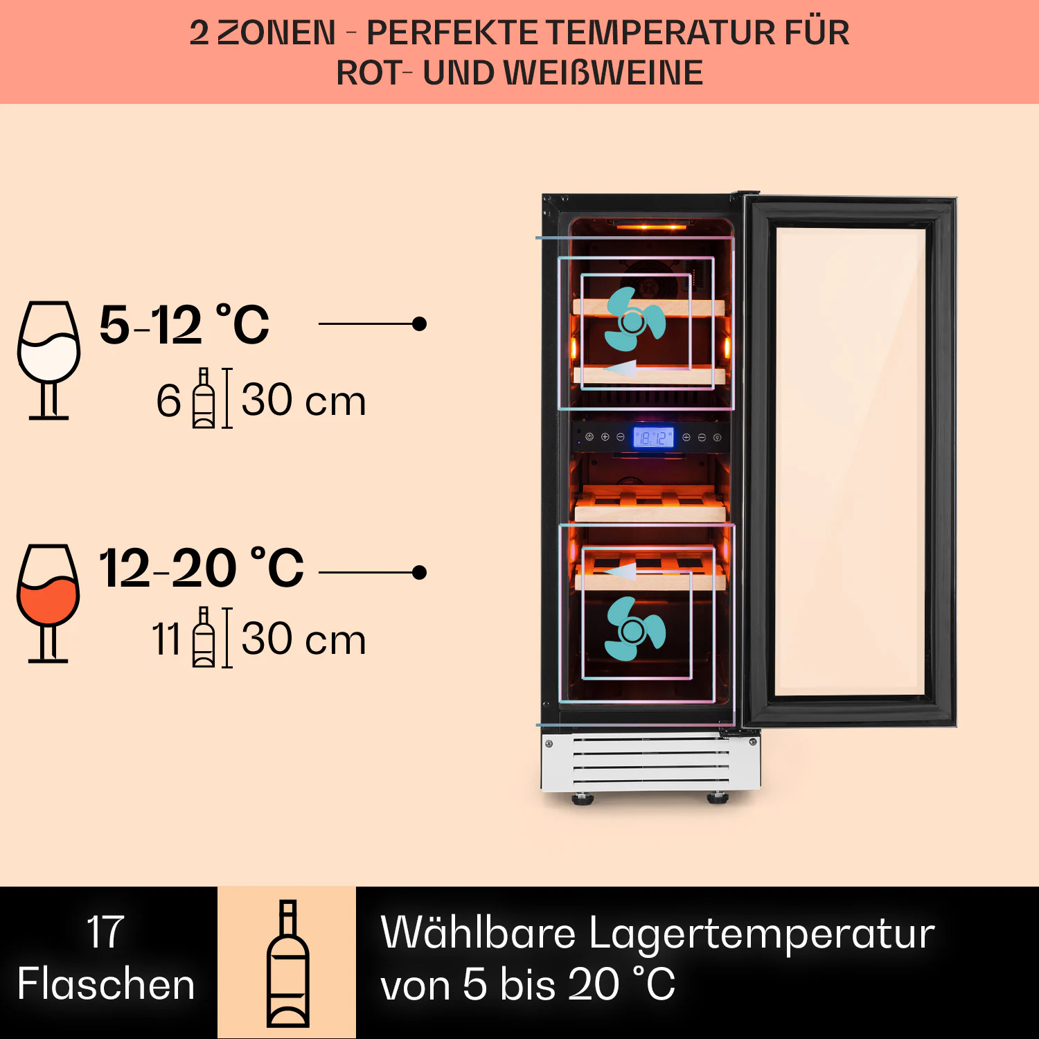 Vinovilla 17 Built-In Duo Weinkühlschrank 53l 17 Fl. 2 Zonen Glastür Schwarz