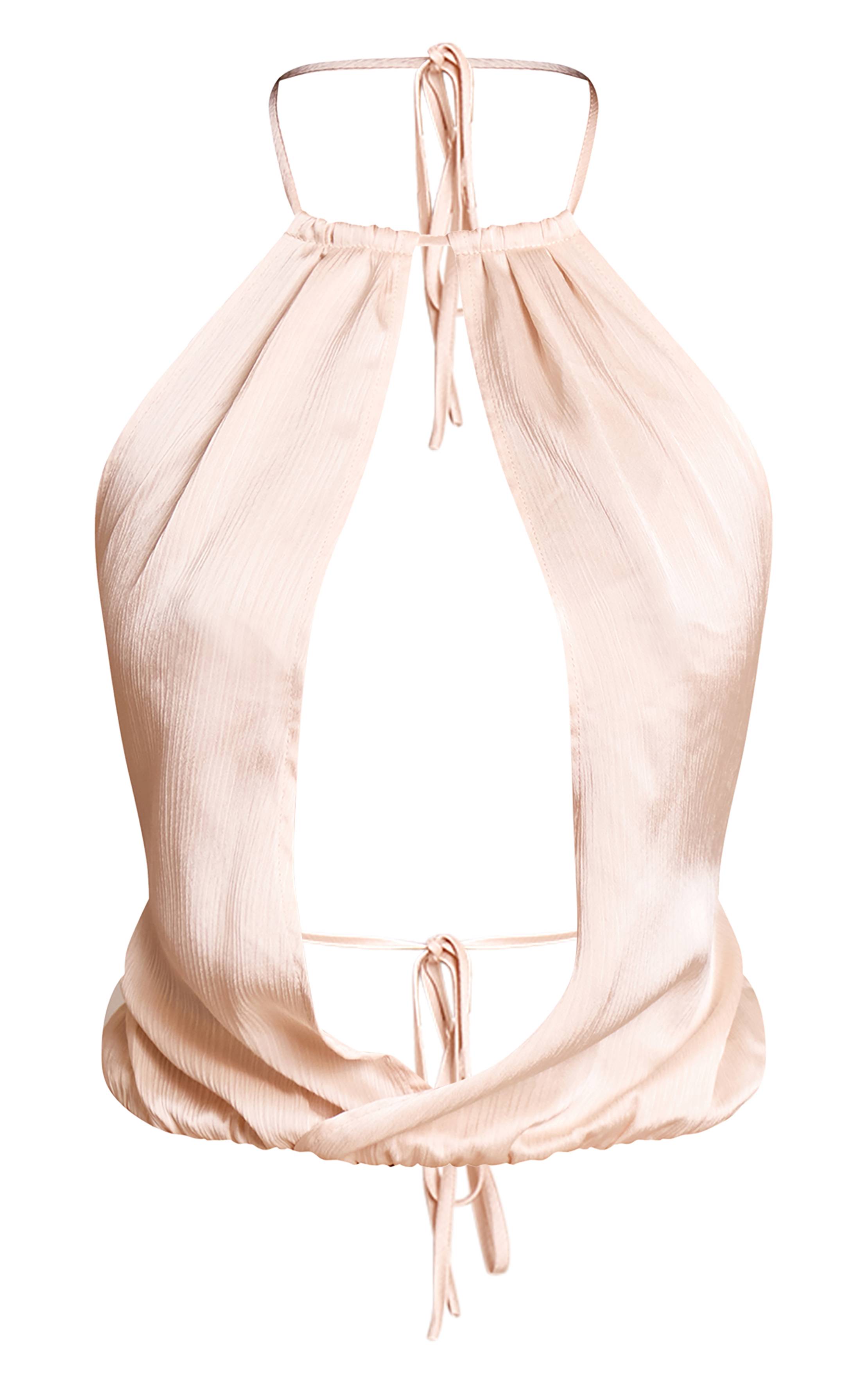Crème Top Sans Manches En Satin Froissé Chartreuse Foncé À Col Montant Et Décolleté Plongeant Drapé