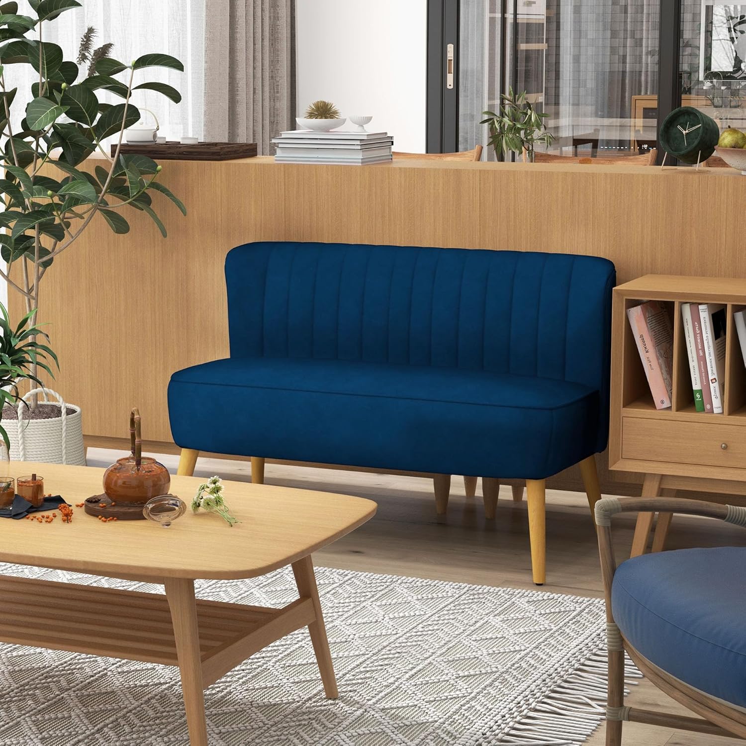 HOMCOM Sofa 2 Sitzer Couch, Kleine Loveseat mit Samt-Optik Modern Polstersofa für Wohnzimmer, Schlafzimmer, kleinen Raum, Dunkelblau 117 x 56,5 x 77 cm