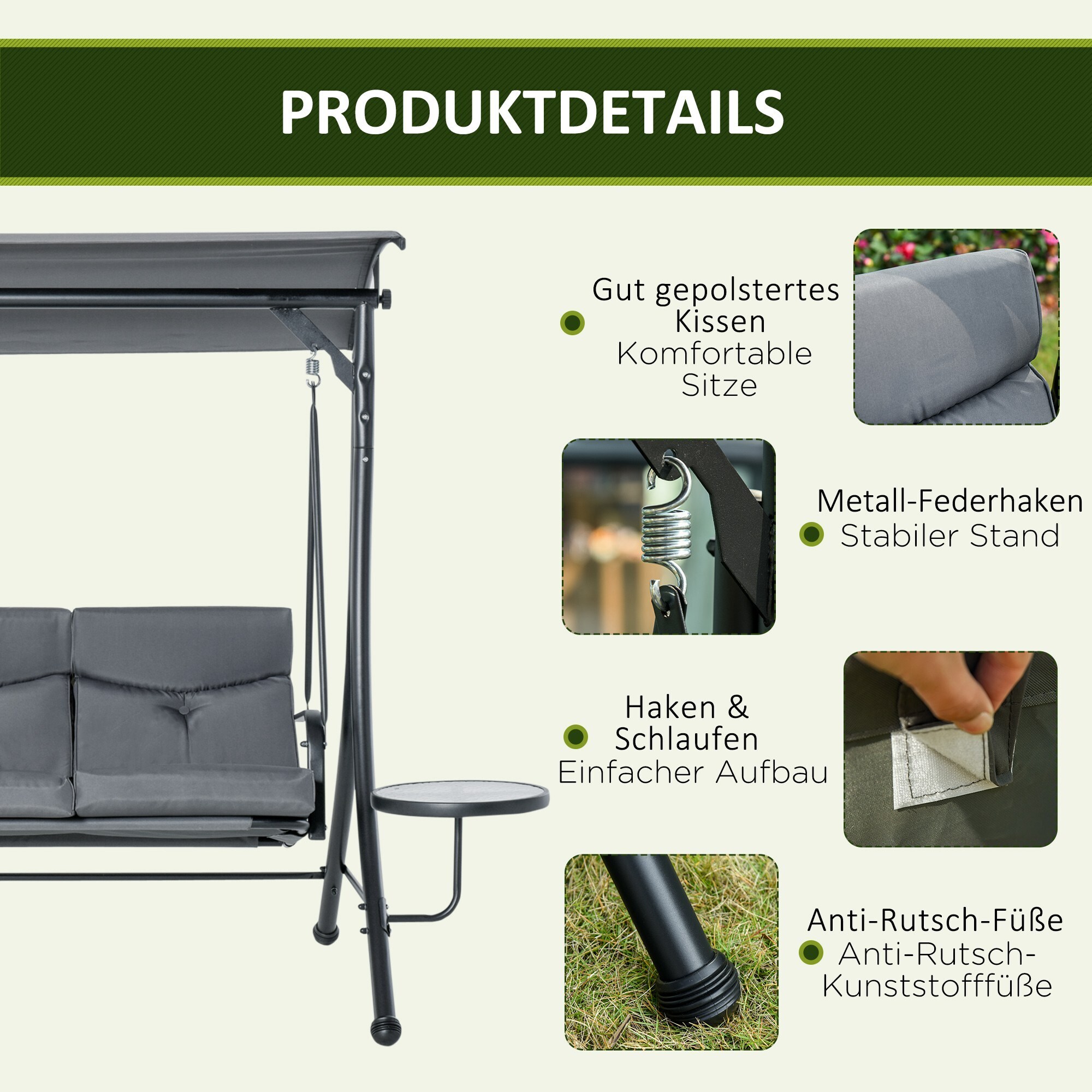 Outsunny 3-Sitzer Hollywoodschaukel mit verstellbarem Sonnendach grau, schwarz 278 x 125 x 177 cm (BxTxH)