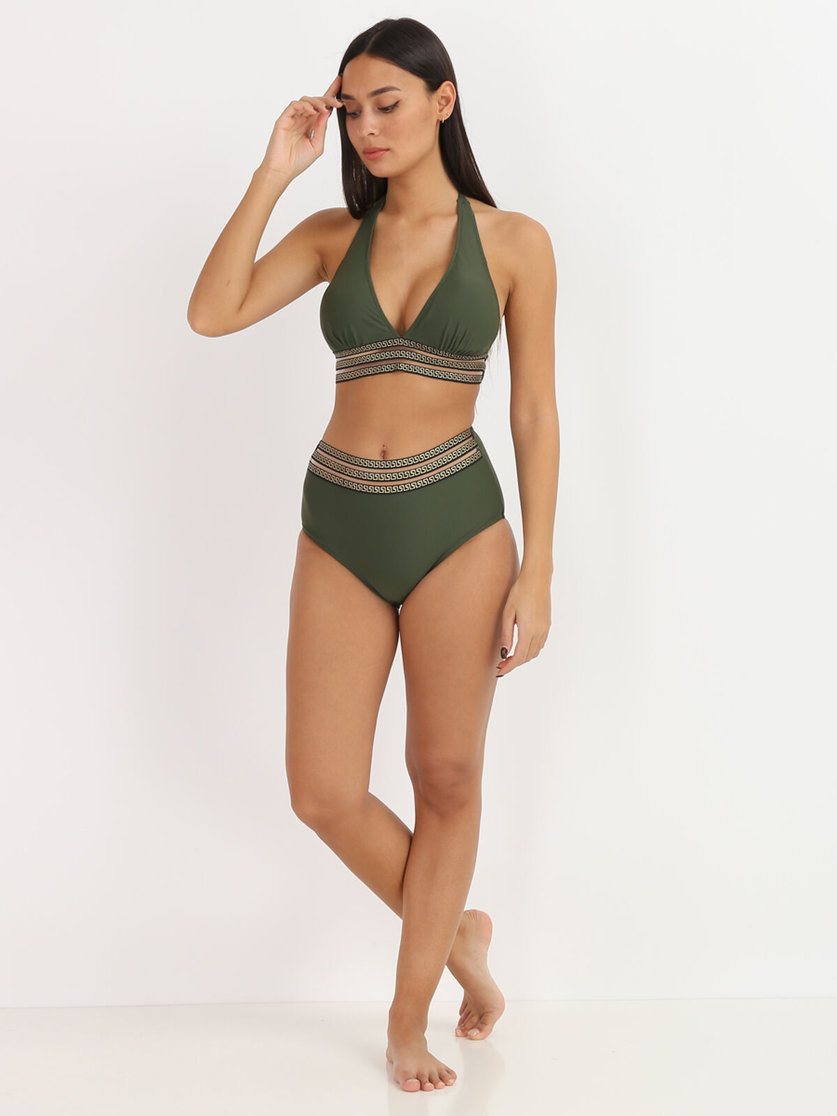 Bikini taille haute à motif Grecque- Kaki