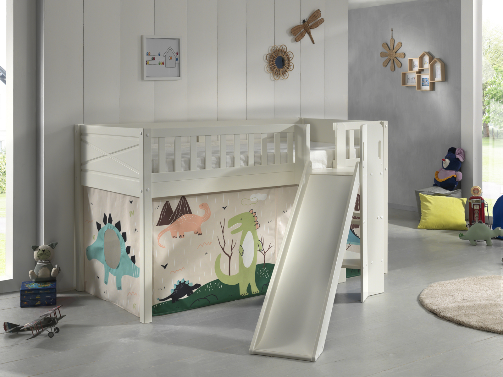 Spielbett SCOTT - weiß - Dino - mit Rutsche, Vorhang und Leiter - 90x200 cm