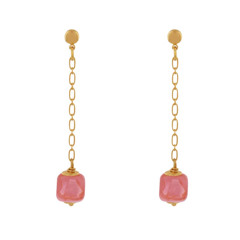 Boucles d'Oreilles Chainette Laiton Doré et Cube en Céramique