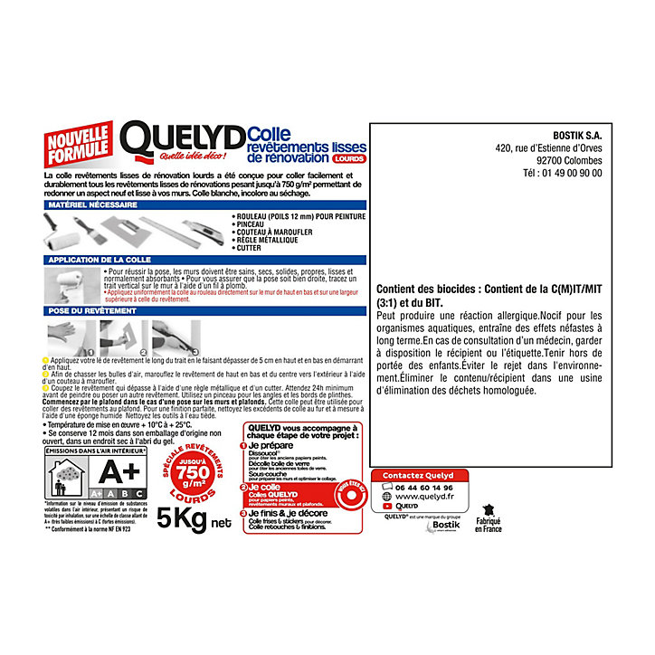Colle pour revêtements lisses de rénovations lourds (jusqu'à 750g/m²) Quelyd pâte 5kg