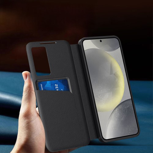 Samsung Galaxy S25 Ultra Leder Hülle Small Window View Flip Case Litchi Look- Schwarz