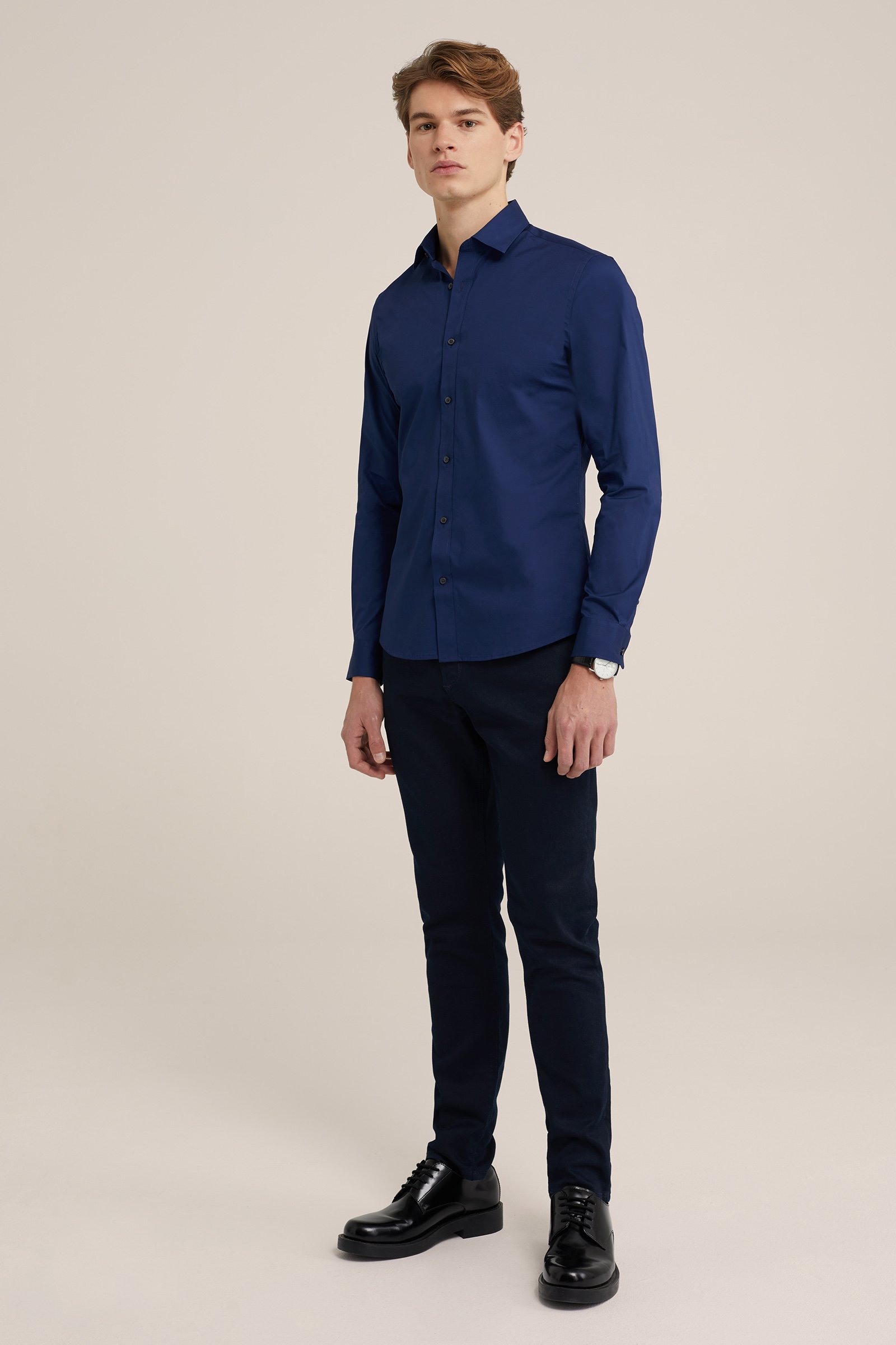 tall fit overhemd met stretch Fundamentals Indigo