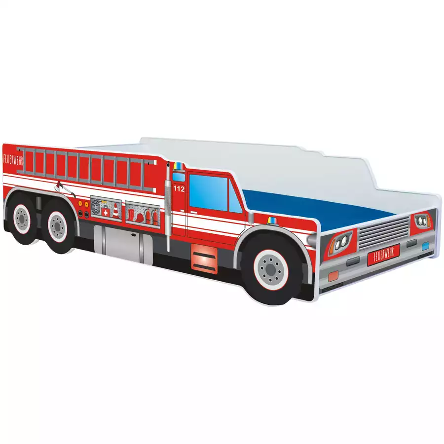Kids Collective Autobett 80x160 cm Feuerwehr Spielbett Kinderbett mit Rausfallschutz und Lattenrost rot