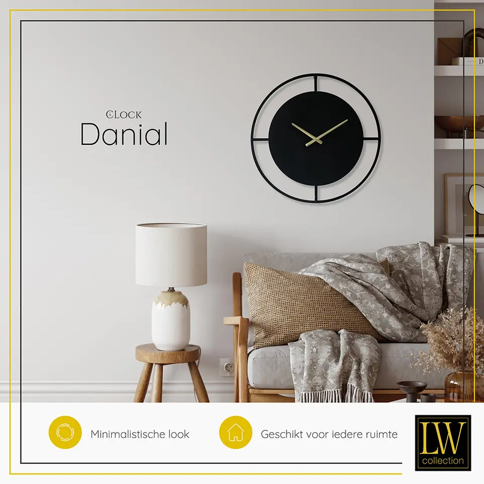 LW Collection Wandklok Danial zwart goud 60cm