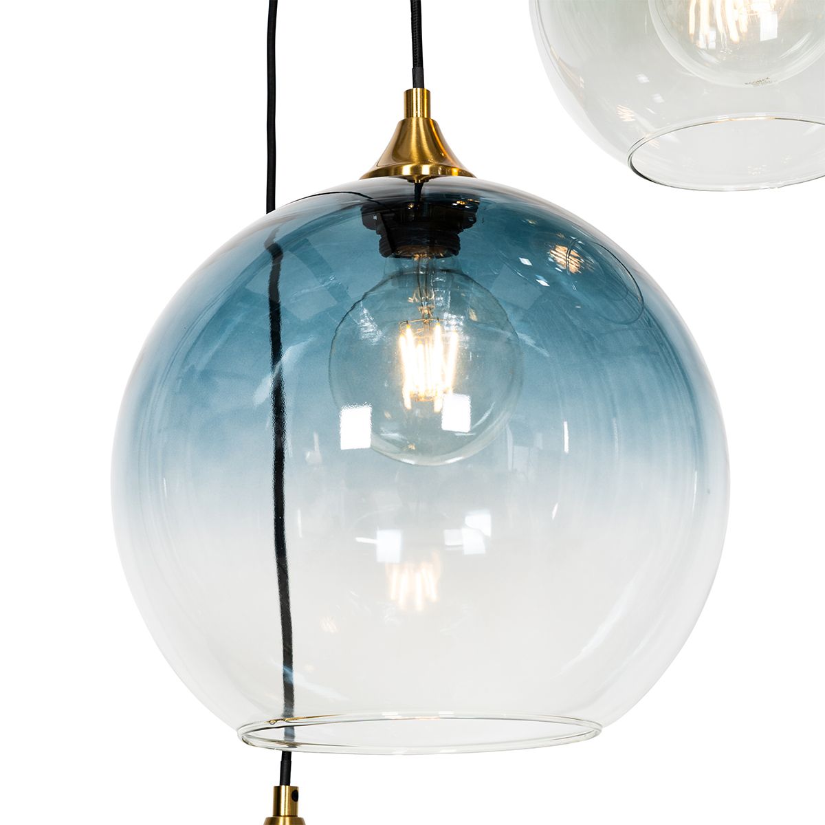 Art Deco Hanglamp messing met blauw glas rond 7-lichts - Sandra