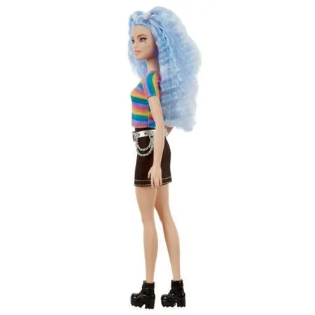 Barbie Fashionistas Puppe (blaue Haare) im Regenbogen-Shirt und Rock