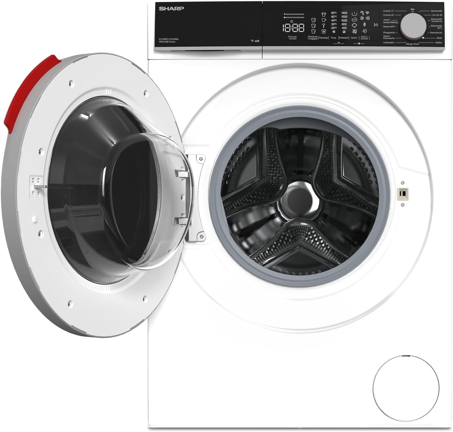SHARP ES-WNFL914CWDA-DE Waschmaschine 9kg, 1400 U/min, Energieklasse A (-20%), Inverter-Motor, AquaStop, AllergySmart, LED Touch Display, WLAN, 15 Programme, Weiß